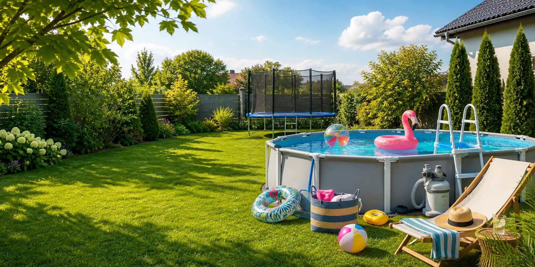 Letni ogród z basenem, trampoliną, leżakiem i akcesoriami wakacyjnymi